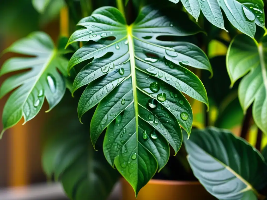 Una planta de interior exuberante con gotas de agua brillantes en sus hojas, mostrando los efectos de la humedad en las plantas de interior