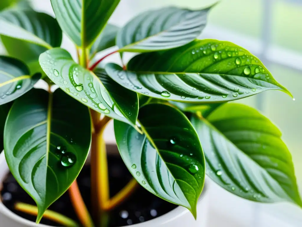 Planta de interior exuberante con gotas de agua, ajustar humedad relativa plantas interiores