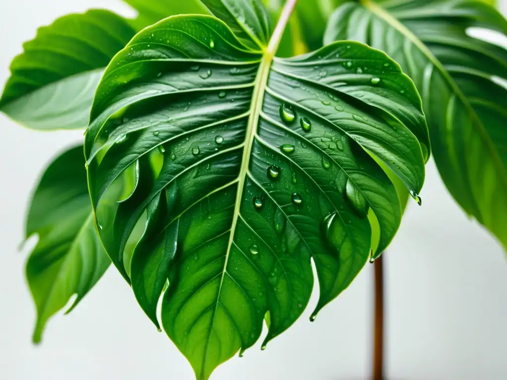 Planta de interior exuberante con gotas de agua, revelando su belleza natural y resistencia a la sequía