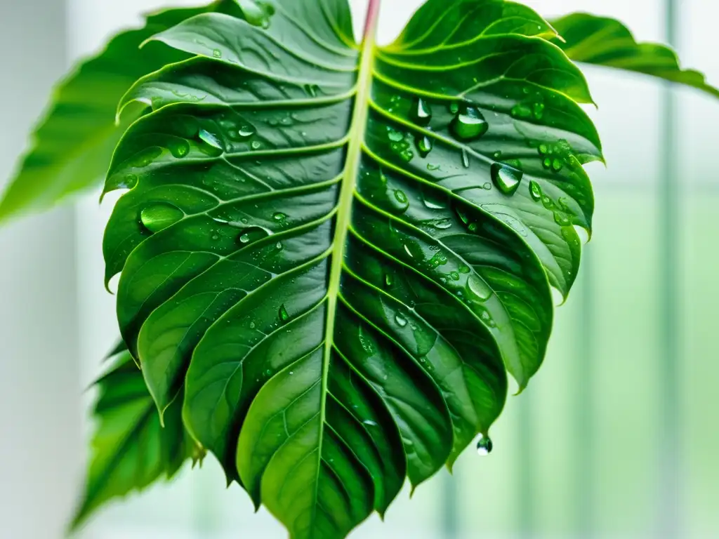 Una planta interior exuberante con gotas de agua, textura y patrones de hojas visibles en un fondo blanco