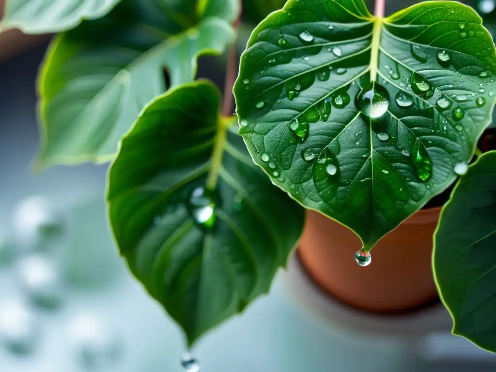 Planta de interior exuberante con hojas patrón rodeada de hielo derritiéndose, ilustrando el riego con hielo para plantas de interior