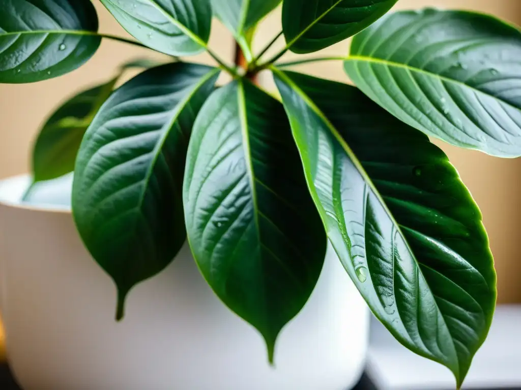 Planta de interior exuberante con hojas verdes y delicadas venas, con gotas de agua