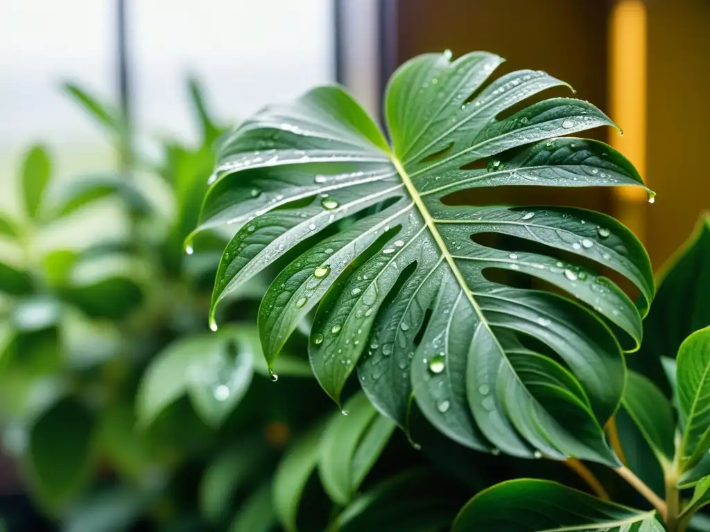 Una planta de interior exuberante con nebulización, iluminada por luz natural