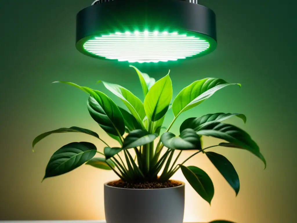 Una planta de interior exuberante iluminada por un cálido y minimalista LED, mostrando efectos de luz nocturna en plantas de interior