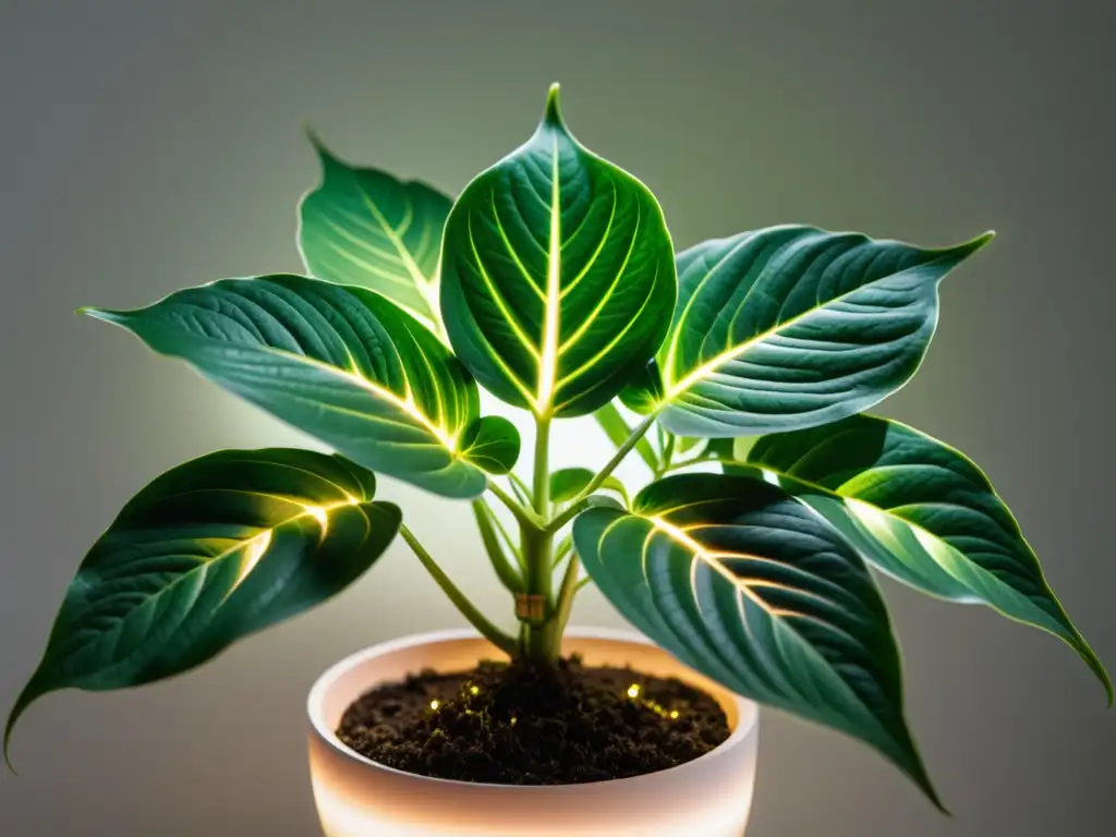 Una planta de interior exuberante iluminada por una suave luz LED, con efectos de luz nocturna en plantas de interior