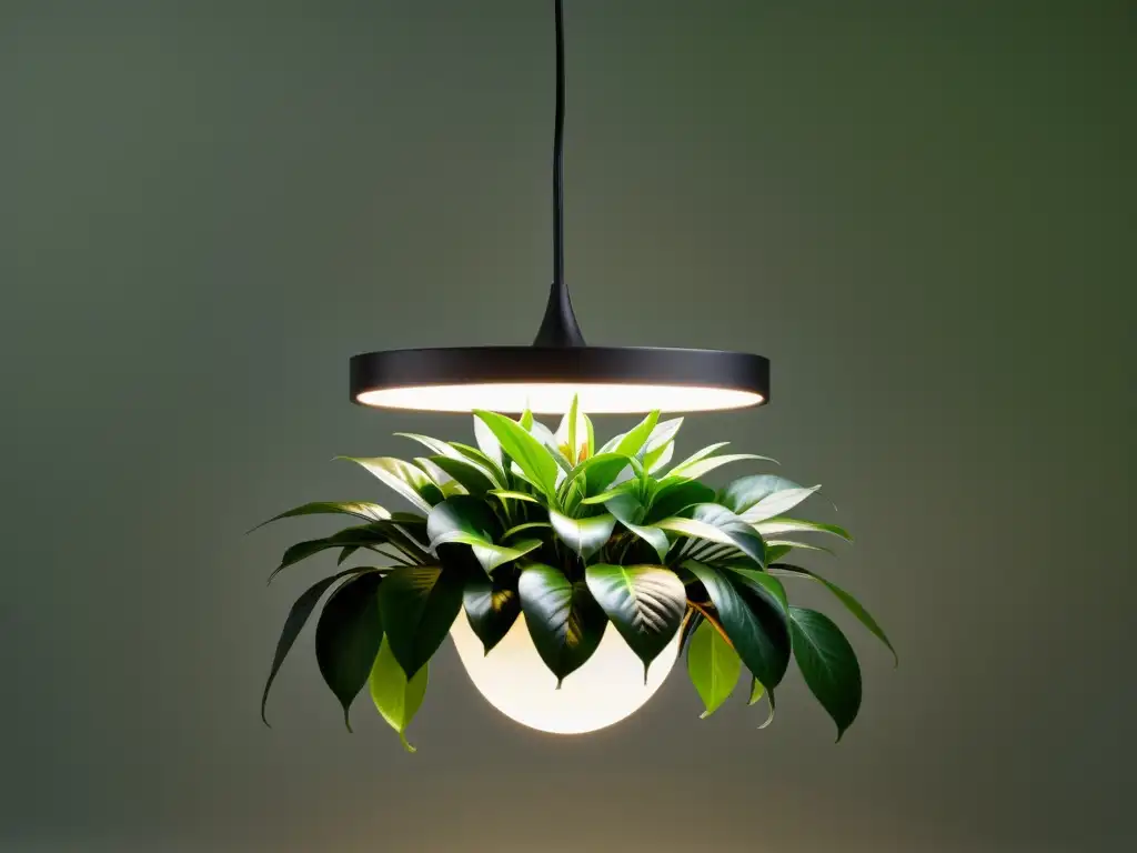 Una planta de interior exuberante iluminada por una moderna luz LED, creando un ambiente tranquilo y acogedor