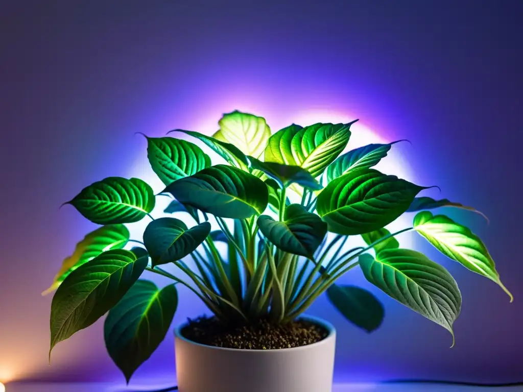 Planta de interior exuberante iluminada por luces LED, creando un ambiente sereno y armonioso