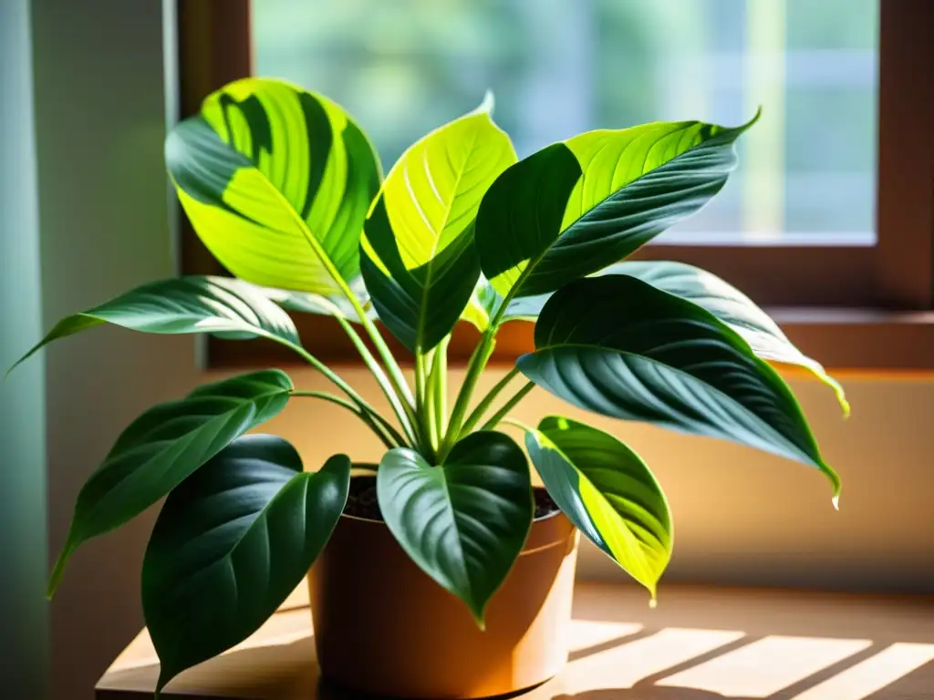 Planta de interior exuberante iluminada de forma natural, destacando la importancia de la iluminación uniforme para las plantas de interior