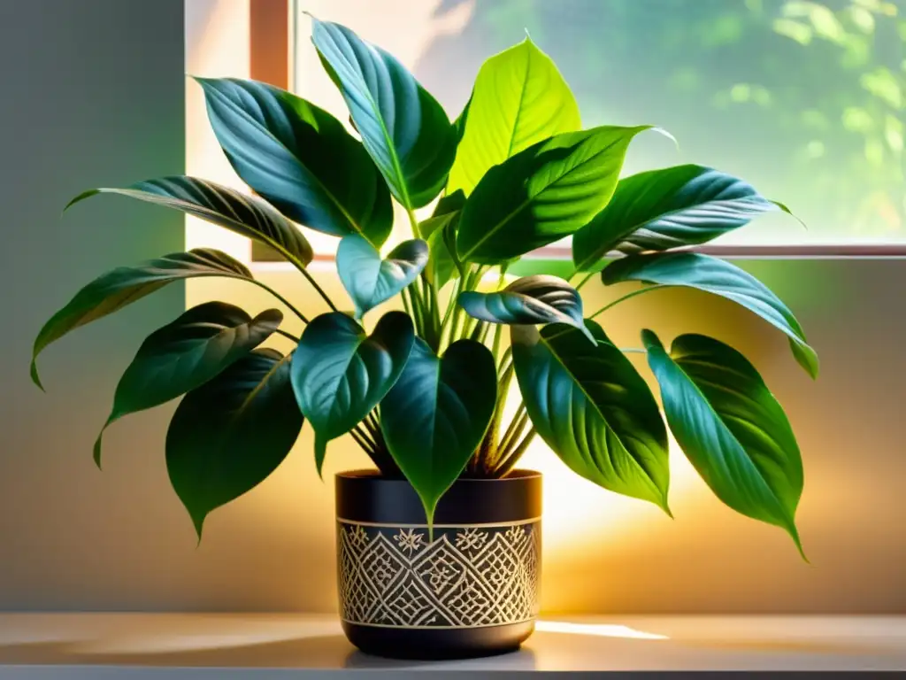 Planta de interior exuberante bajo luz natural, irradiando vitalidad