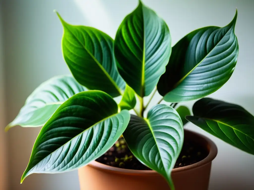 Planta de interior exuberante en luz suave, con hojas vibrantes y patrones detallados