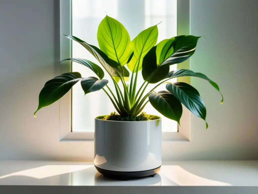 Planta de interior exuberante en maceta moderna, bañada por luz solar