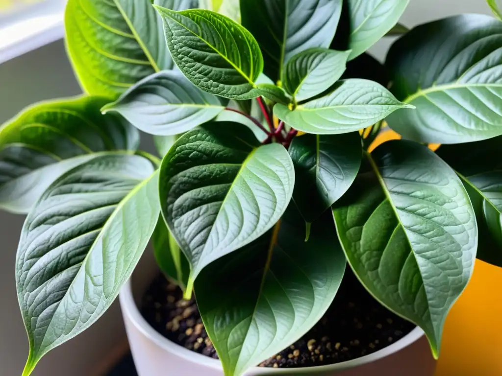 Planta de interior exuberante en maceta moderna, iluminada por luz solar, resaltando su vitalidad y salud