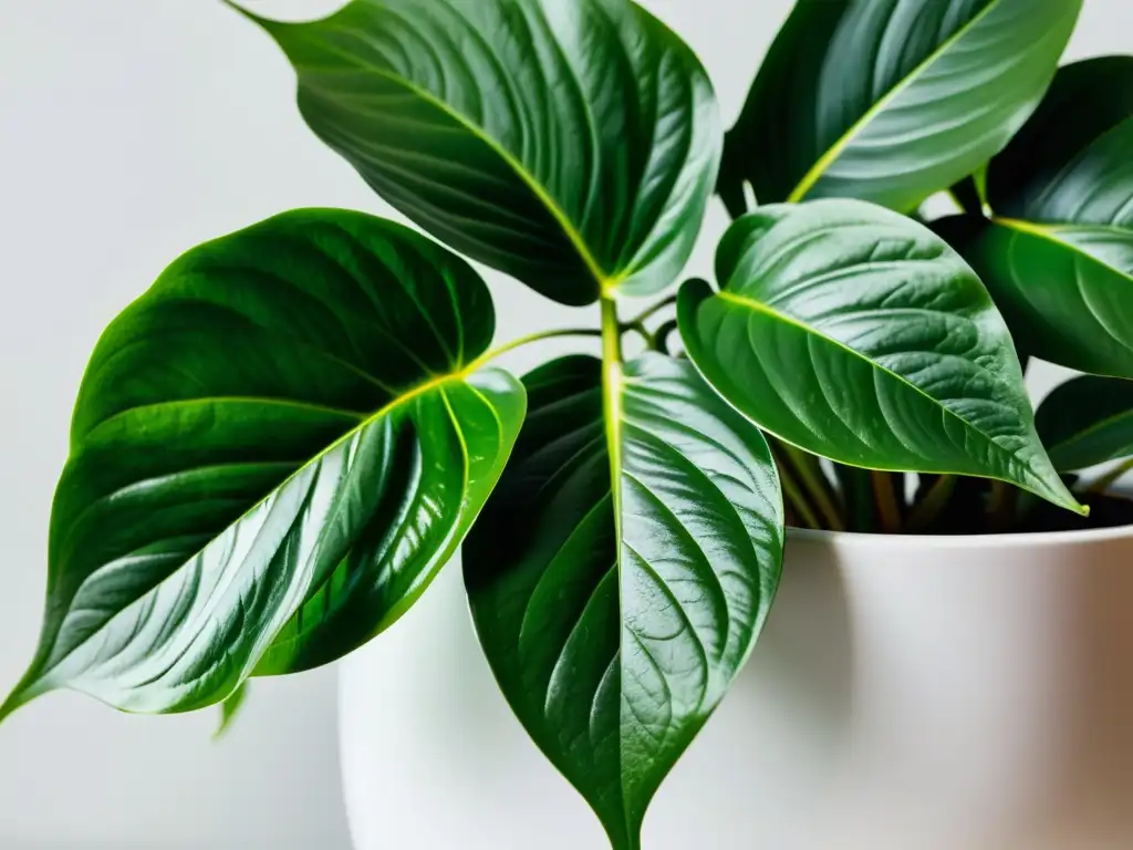 Planta de interior exuberante en maceta moderna blanca, resalta frescura y vitalidad, pese a efectos calefacción