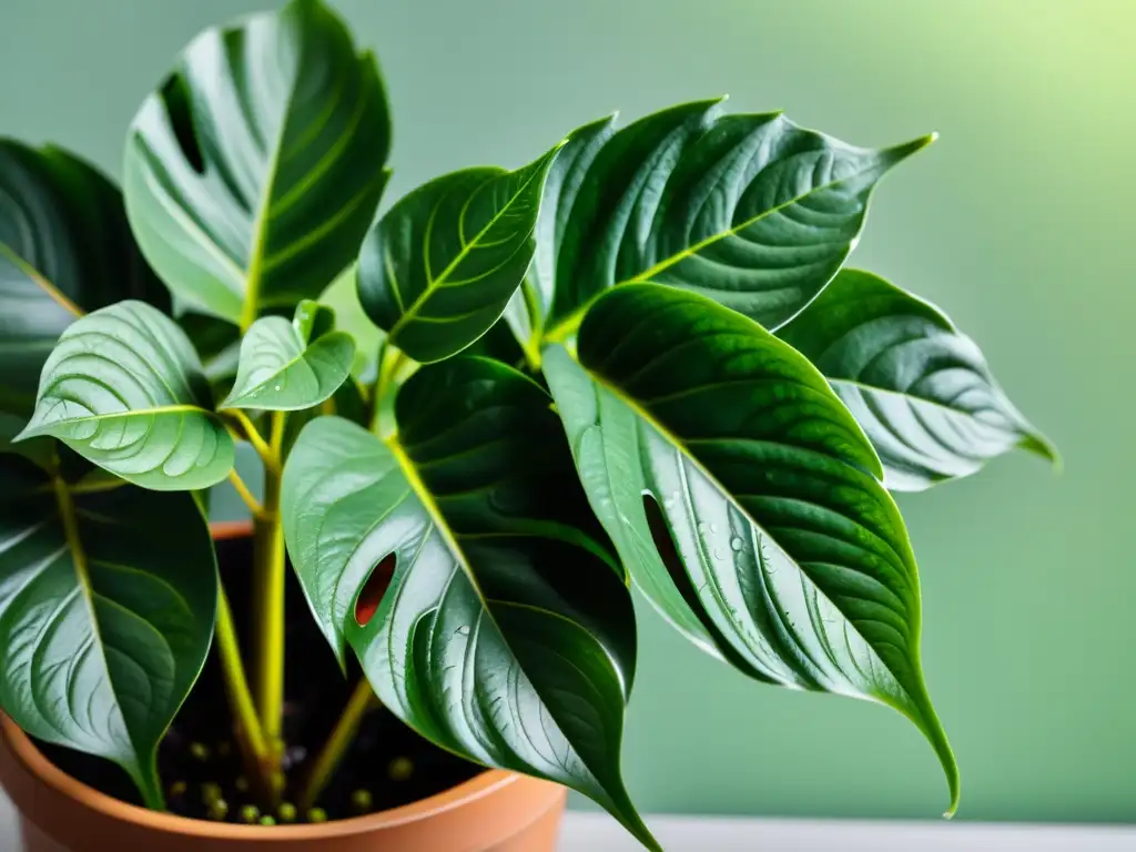 Planta de interior exuberante y saludable con hojas verdes vibrantes y beneficios posos café para su crecimiento, en un fondo minimalista