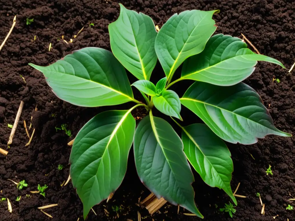 Una planta interior exuberante y saludable rodeada de una capa de mantillo oscuro, destacando los beneficios del mulching para plantas