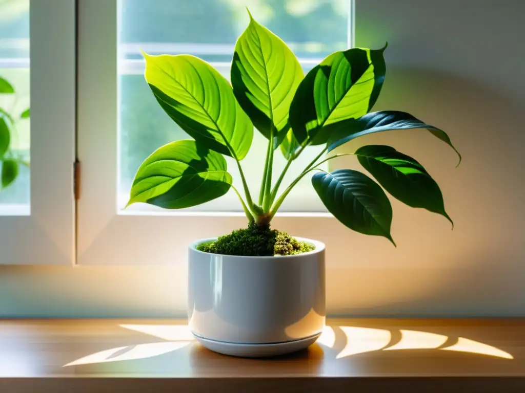 Una planta de interior exuberante y saludable en una maceta blanca sobre una mesa de madera