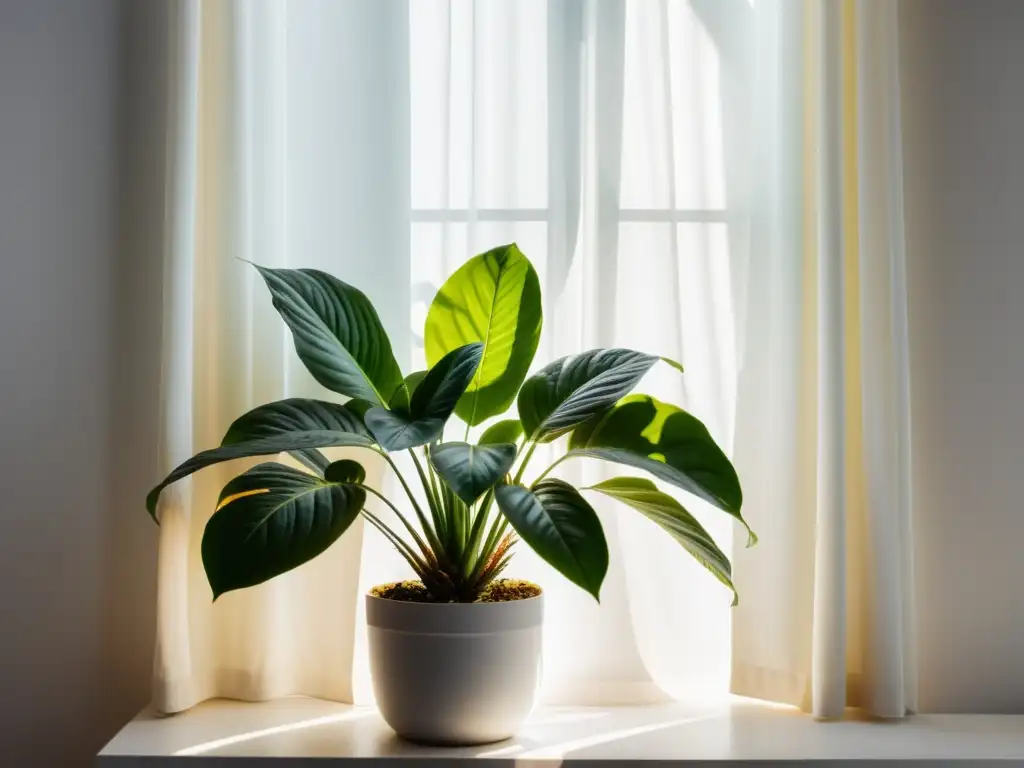 Una planta de interior exuberante y saludable recibe suave luz difusa, creando una atmósfera serena