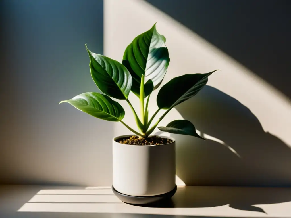 Una planta de interior exuberante y saludable, iluminada por suave luz, muestra el impacto positivo del uso reguladores riego plantas interior