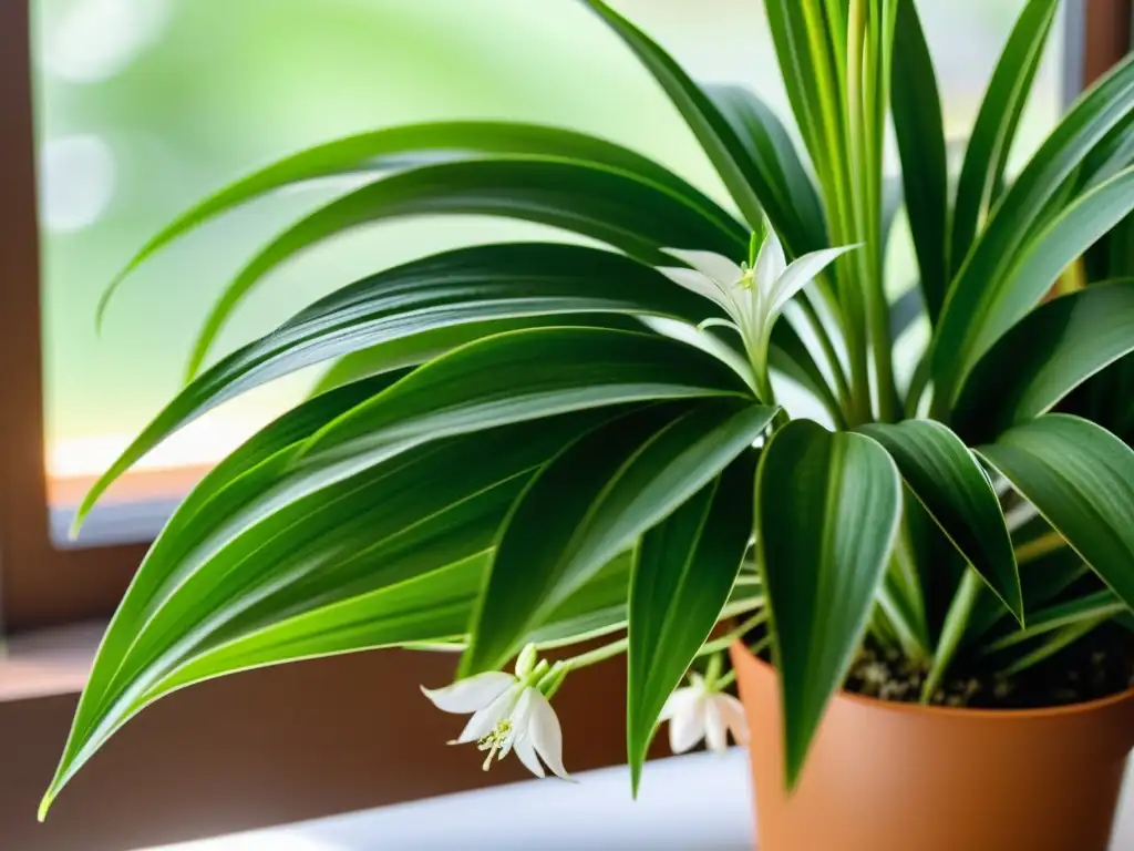 Una planta araña interior exuberante y saludable, con flores blancas