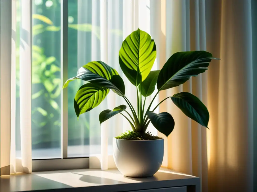 Una planta de interior exuberante y saludable cerca de la ventana con cortinas ondeando suavemente