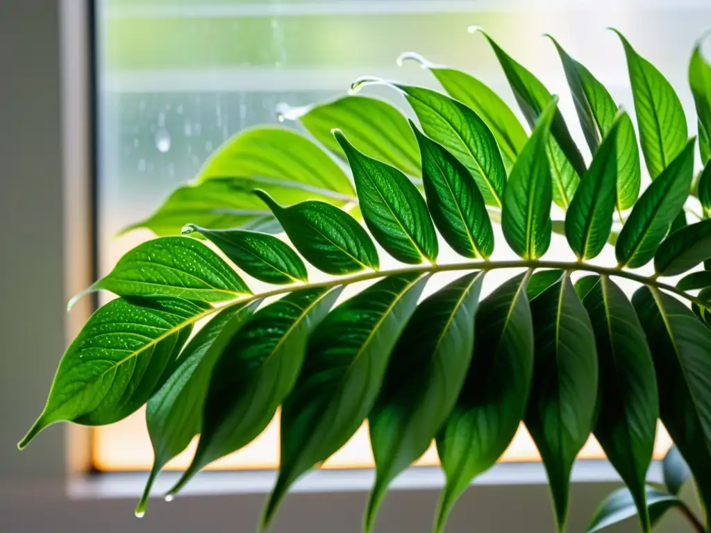 Planta de interior exuberante y saludable con gotas de agua, iluminada por luz natural