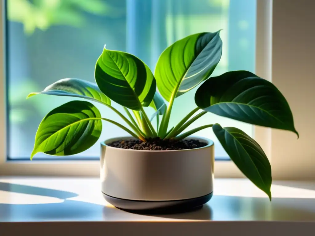 Una planta de interior exuberante y saludable en una maceta moderna, iluminada por luz natural