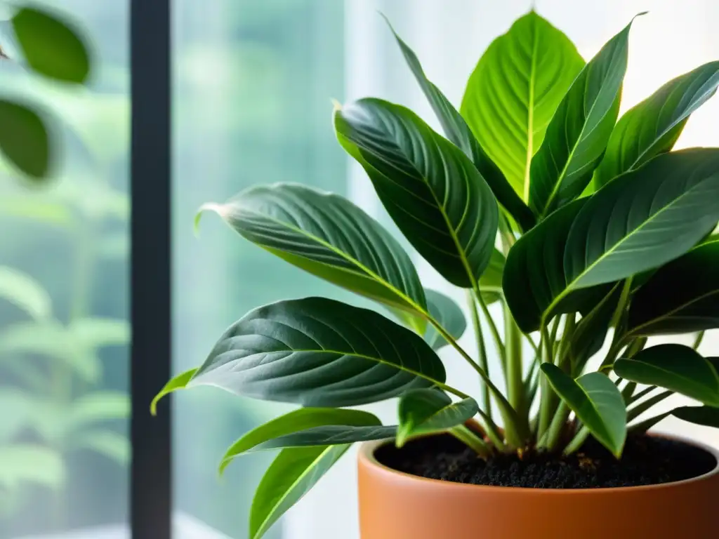 Una planta interior exuberante y saludable en maceta minimalista, bañada por suave luz solar