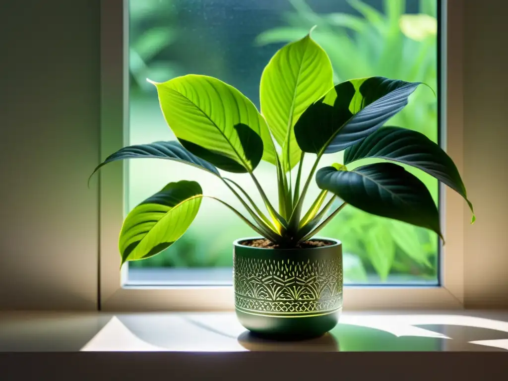 Una planta de interior exuberante y saludable, iluminada por la suave luz natural