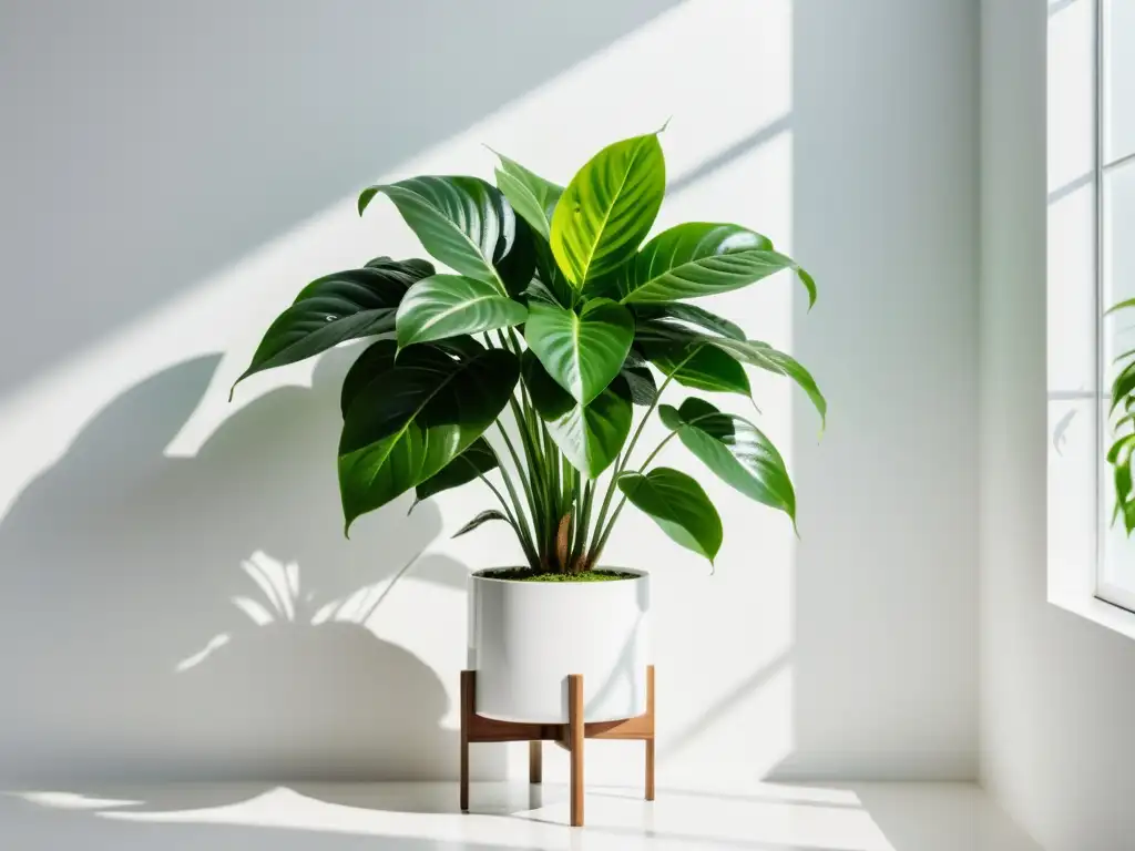 Planta de interior exuberante y saludable en soporte minimalista blanco, con gotas de agua