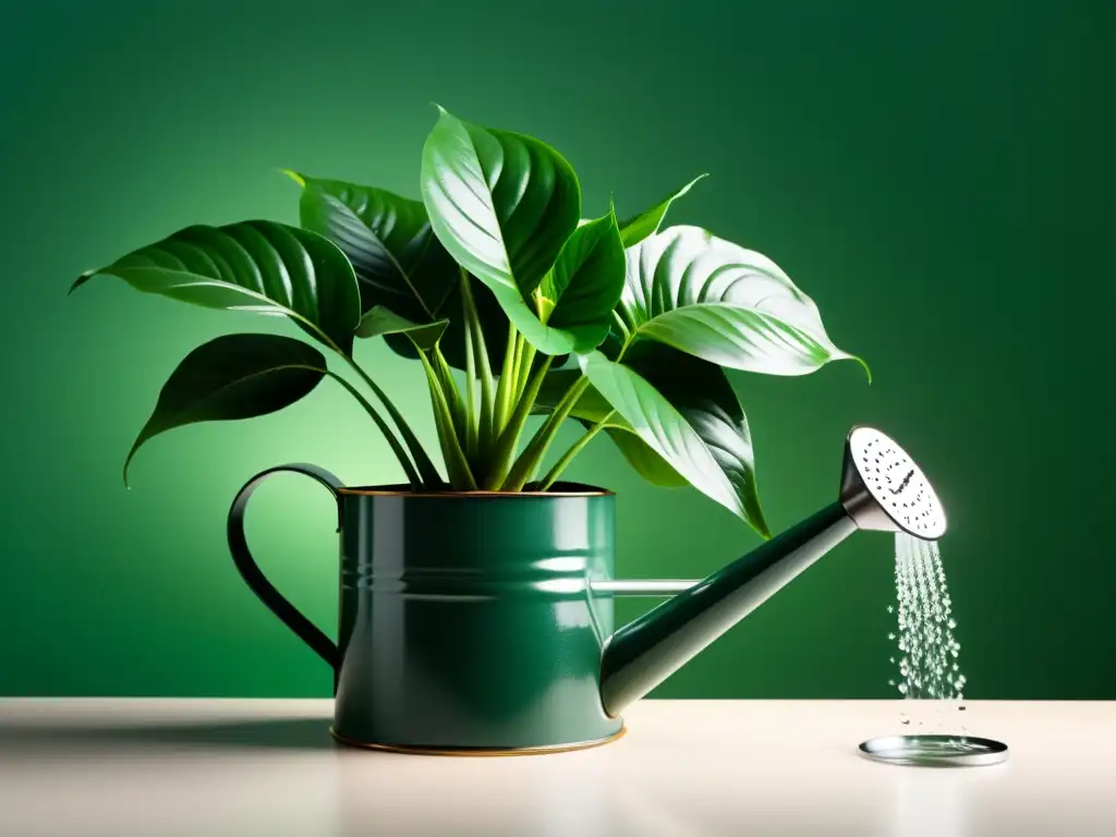 Planta de interior exuberante y saludable recibiendo una suave lluvia de agua, resaltando su follaje brillante