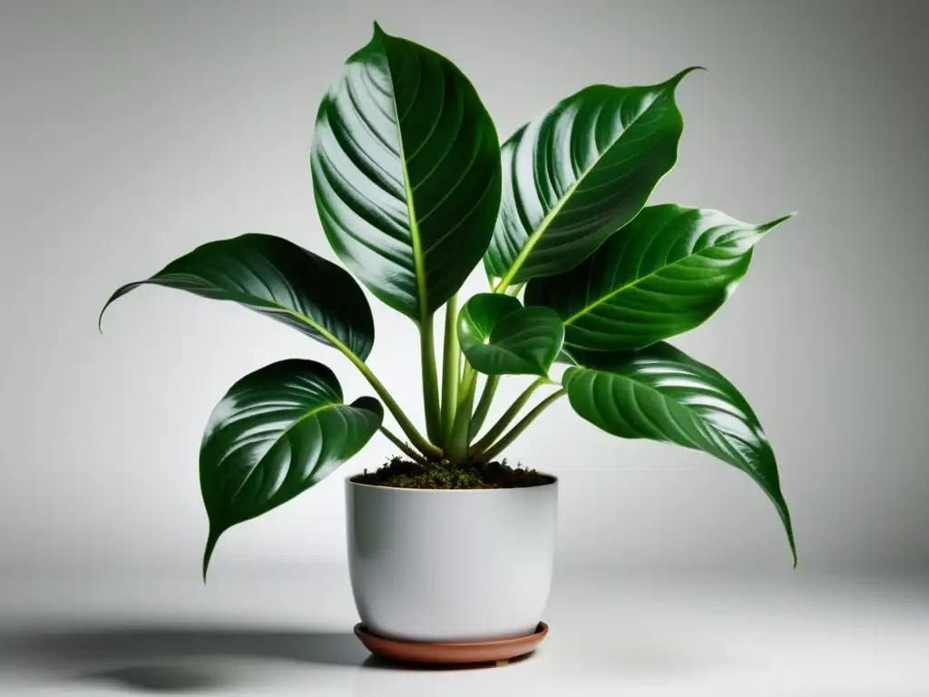 Planta de interior exuberante y saludable en fondo blanco, sin señales de plagas