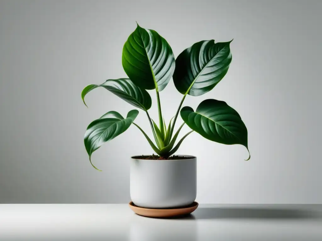 Una planta interior exuberante y saludable, con detalles intrincados en sus hojas y tallo, en un fondo blanco limpio