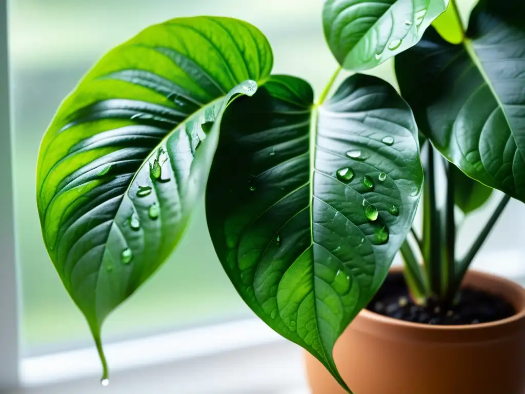 Planta de interior exuberante en ventana moderna, bañada en luz natural