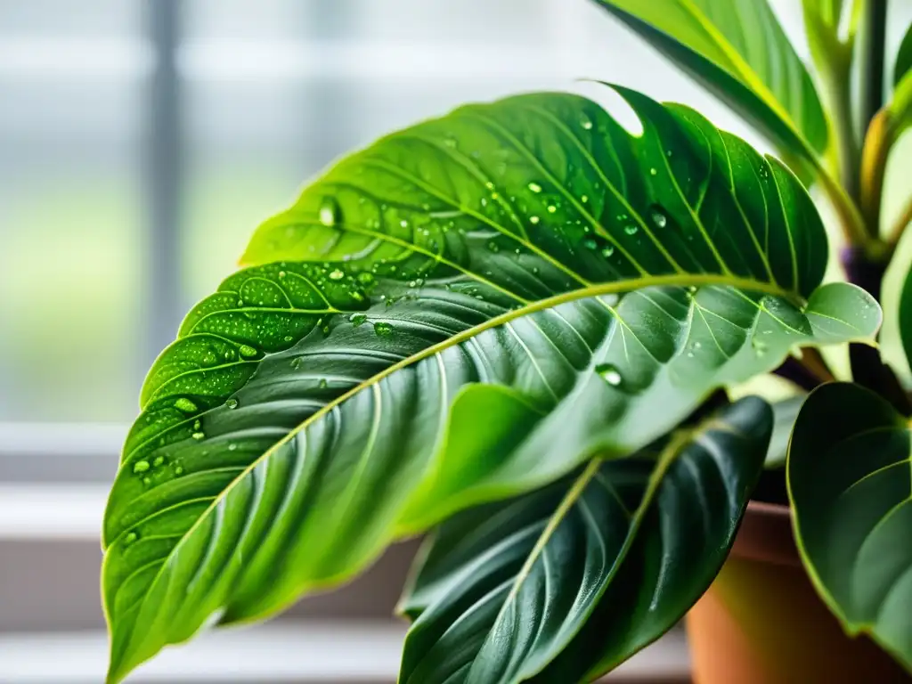 Una planta de interior exuberante y verde con delicadas gotas de agua en sus hojas