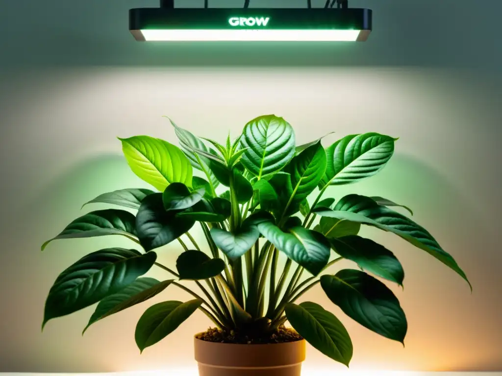 Una planta de interior exuberante y verde iluminada por luces de crecimiento, mostrando cuidado personalizado y tecnología avanzada