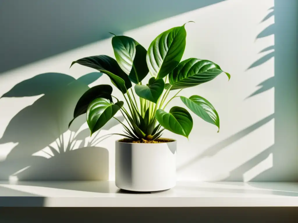 Una planta de interior exuberante y verde se adapta al cambio climático en un entorno sereno y hermoso, con luz solar filtrándose entre las hojas