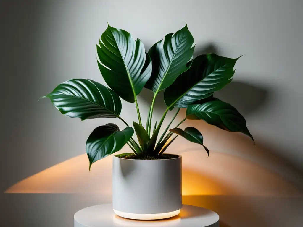 Una planta de interior exuberante y verde iluminada por suave luz nocturna, sobre un soporte blanco en un fondo neutro y limpio