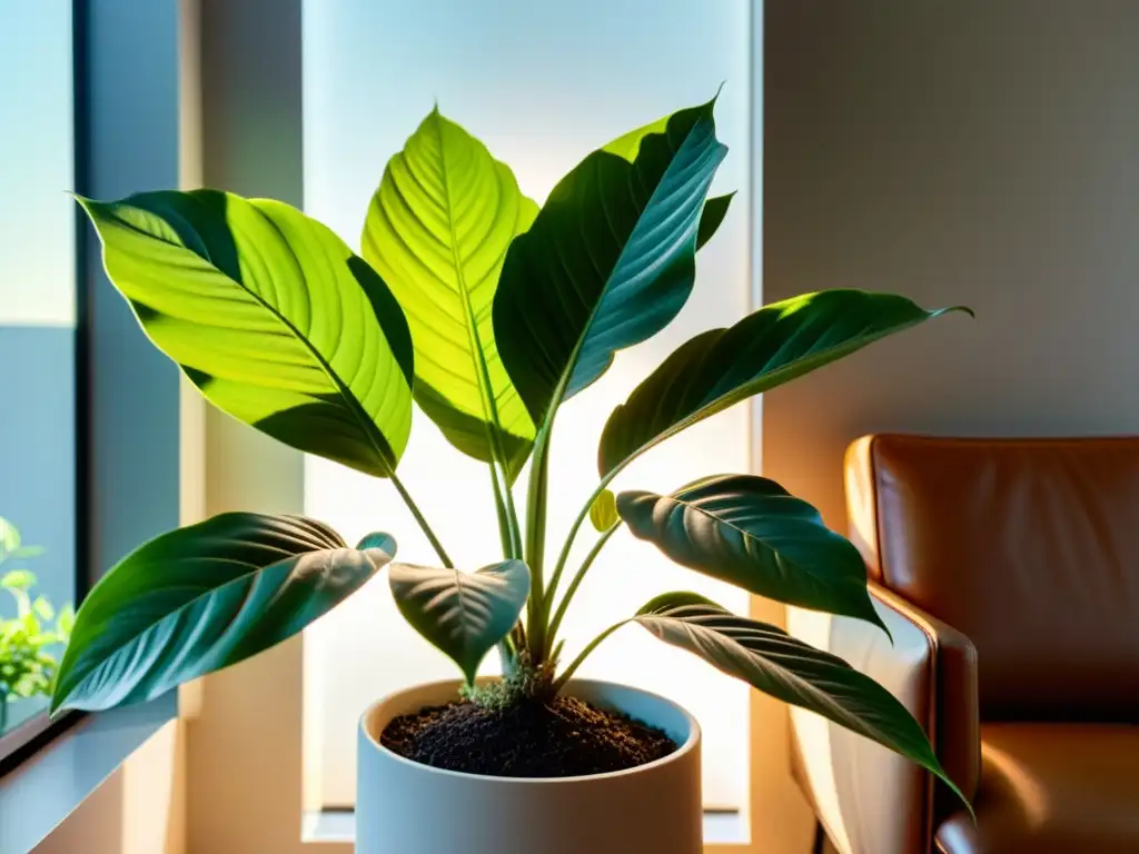 Una planta de interior exuberante y verde bañada por la cálida luz del sol, con sombras intrincadas proyectadas en las hojas