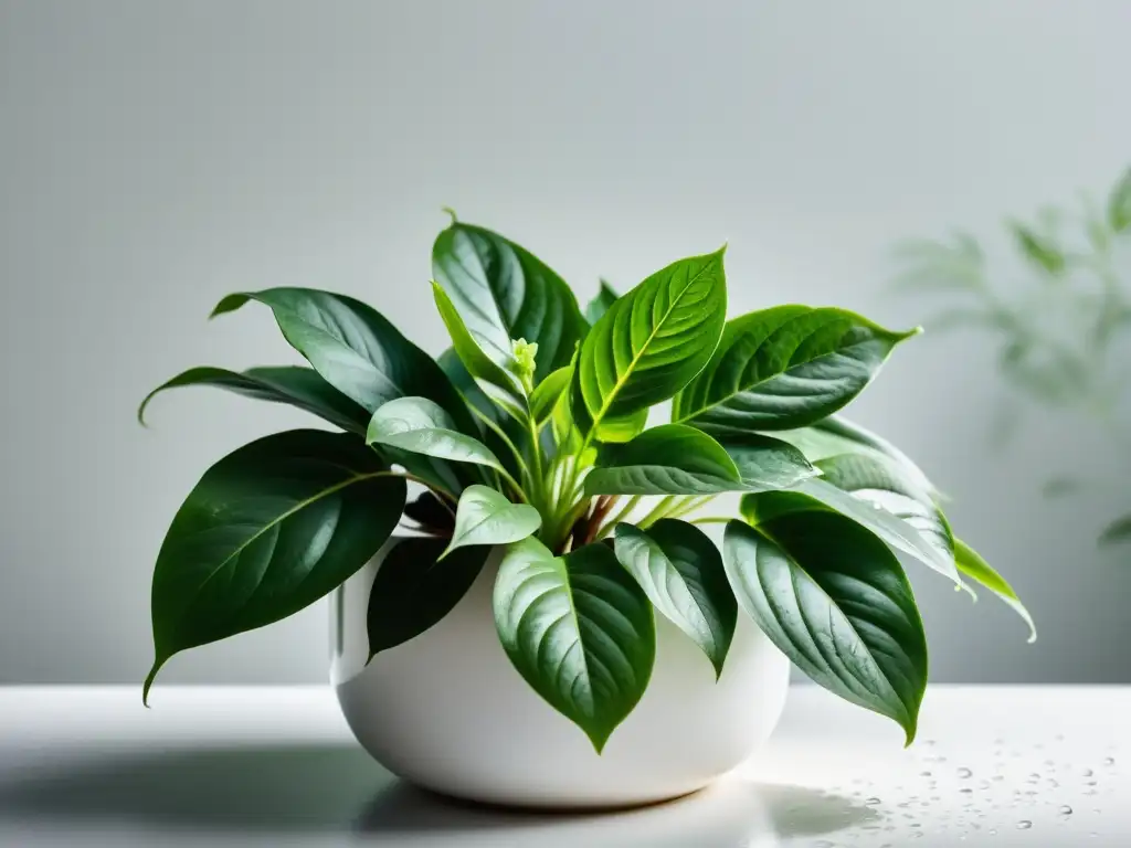 Una planta de interior exuberante y verde, con gotas de agua, refleja cuidado de plantas de interior en literatura