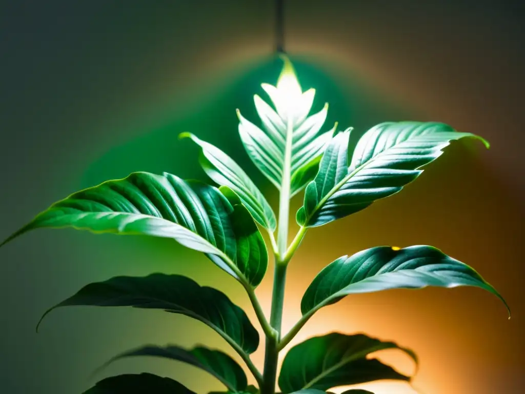 Una planta de interior exuberante y verde se ilumina suavemente con luces LED, creando un ambiente tranquilo