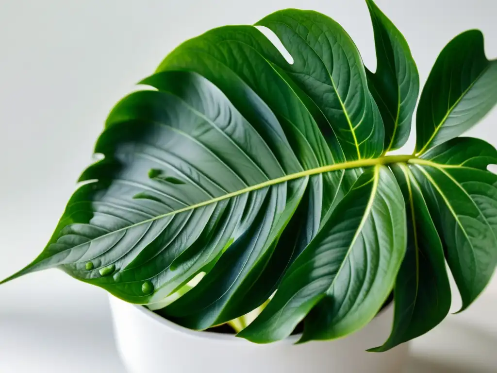 Una planta de interior exuberante y verde con hojas delicadas y variadas, iluminada suavemente por la luz natural contra un fondo blanco limpio