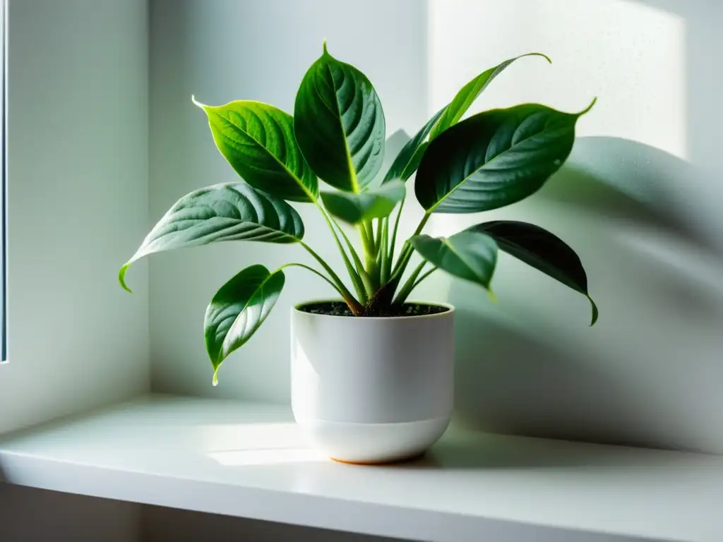 Una planta de interior exuberante y vibrante en un estante blanco minimalista, iluminada por luz natural