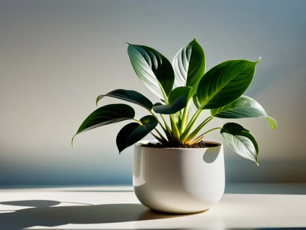 Una planta de interior exuberante y vibrante en una maceta blanca, bañada por la suave luz natural