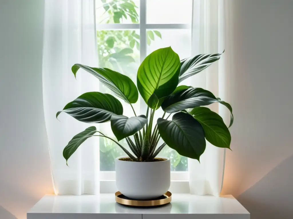 Una planta de interior exuberante y vibrante en un espacio armonioso y luminoso, destacando la belleza natural de las plantas en interiores