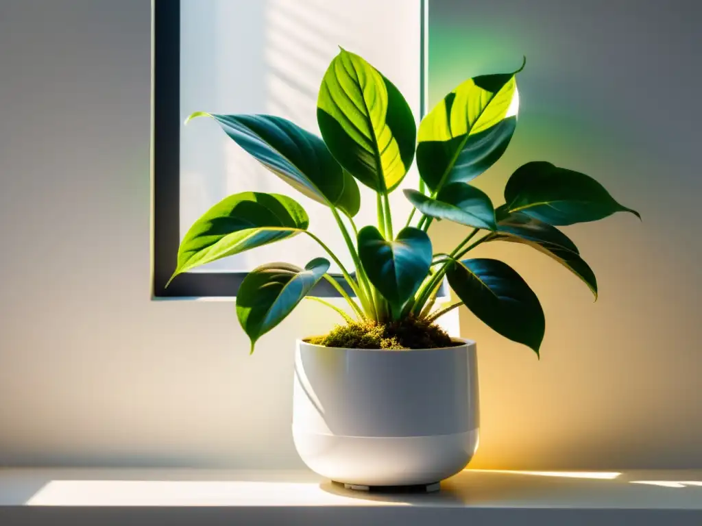 Una planta de interior exuberante y vibrante en un elegante y moderno macetero blanco, bañada por la cálida luz del sol