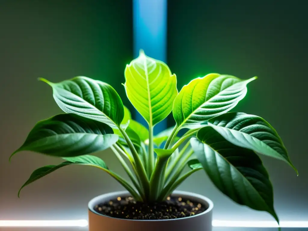 'Una planta de interior exuberante y vibrante bajo la suave luz enfocada de las luces LED, con hojas ricamente texturizadas y venas intrincadas