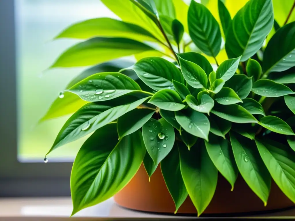 Una planta de interior exuberante y vibrante con gotas de agua pura y clara brillando en sus hojas verdes