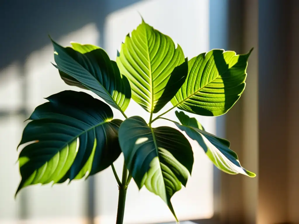 Una planta de interior exuberante y vibrante iluminada por la mejor luz natural, con detalles de hojas y texturas