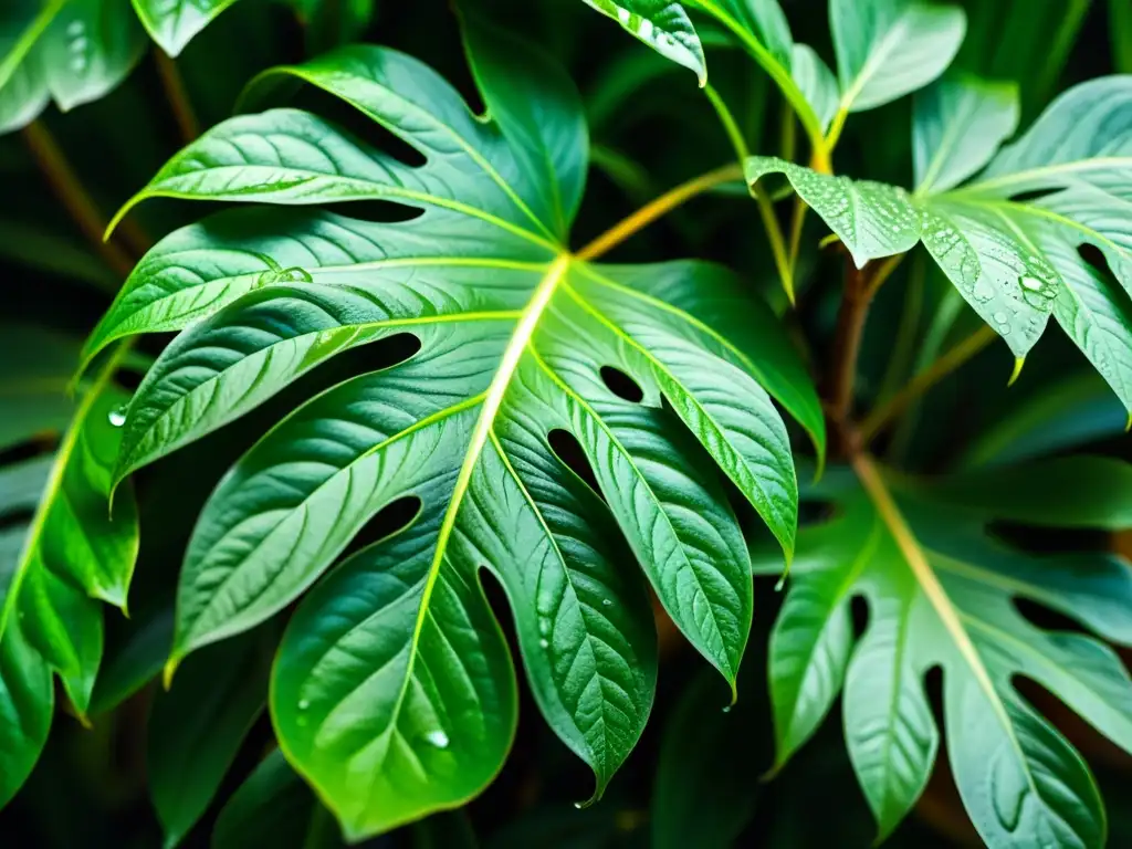 Una planta de interior exuberante y vibrante, con hojas húmedas brillantes