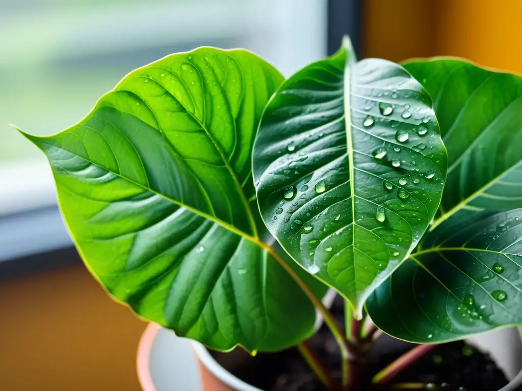 Planta de interior con gotas de agua, contrastando con el aire acondicionado, muestra la armonía entre naturaleza y tecnología